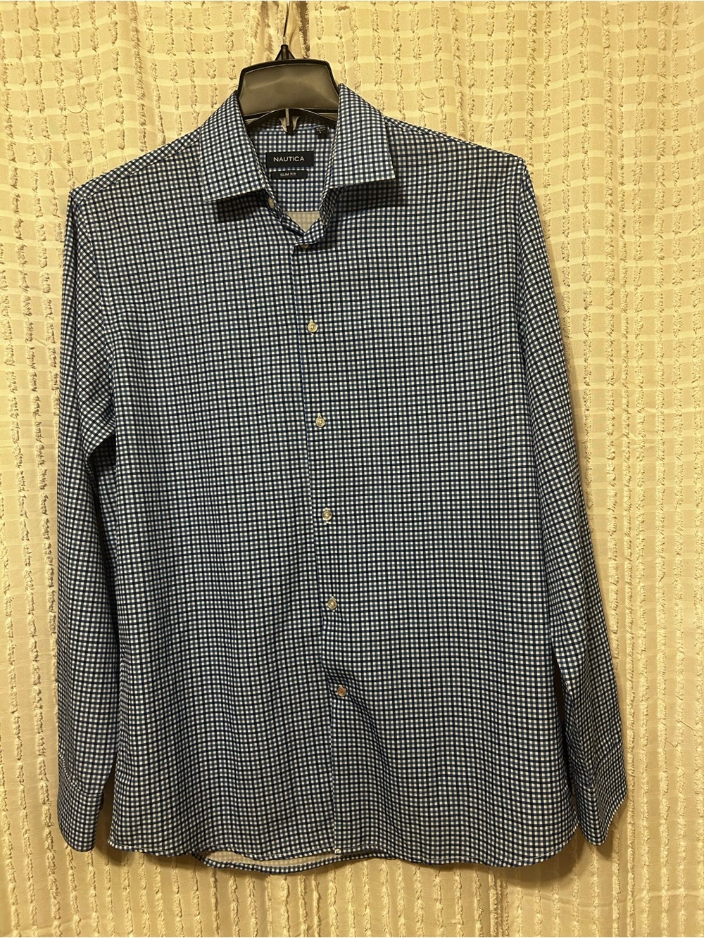 Nautica Mens Large Slim Fit Long Sleeve Button Down Shirt Blue‎ White